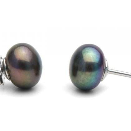Freshwater Black Pearl Silver Earrings Studs
